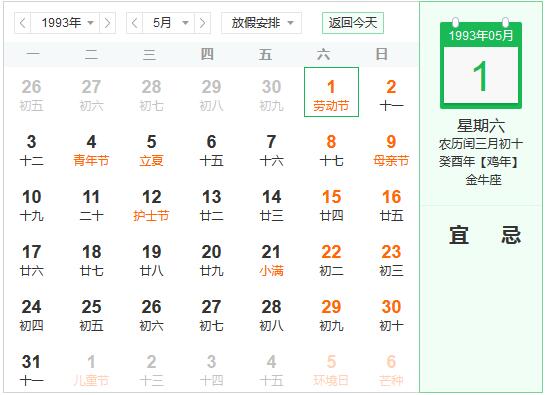 1993年农历阳历表 1993年阴阳历对照表