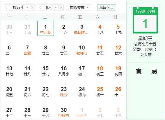 1993年农历阳历表 1993年阴阳历对照表